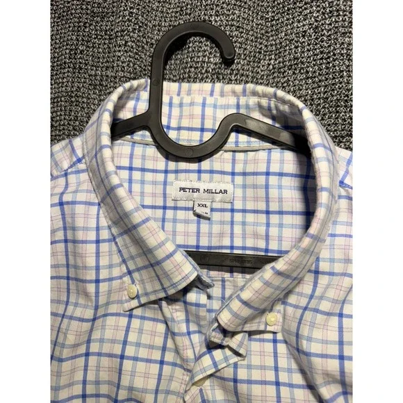 PETER MILLAR Long Sleeve Button Down Cotton Shirt WHITE PINK & BLUE PLAID XXL - Picture 3 of 3